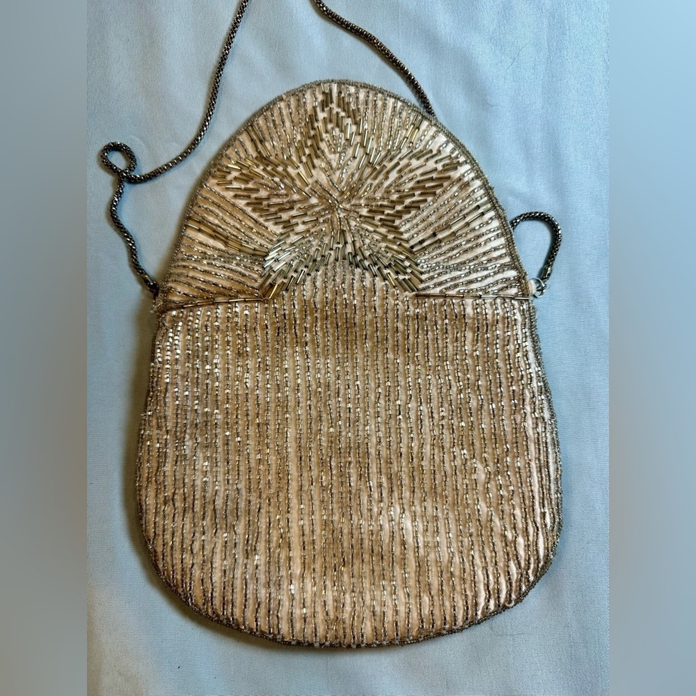 Vintage Vanessa Beaded Evening Bag Purse Gold Silver Art Deco Clutch China - Picture 9 of 10